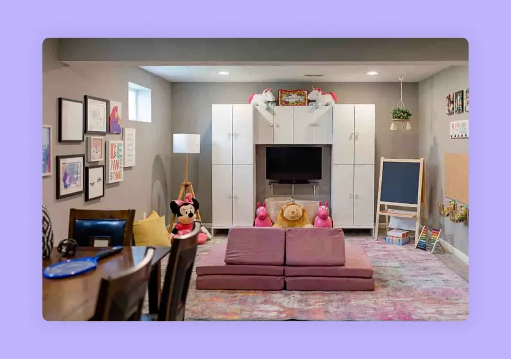 A colorful kids' playroom, one of many fun alternative living room ideas for families 