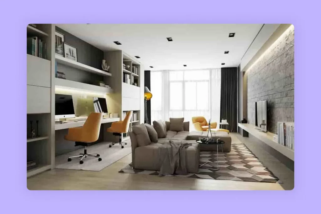 A modern home office setup integrated into a spacious and bright living room. 