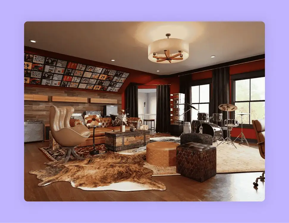 A music room featuring a drum set, leather furniture, and a wall of records 