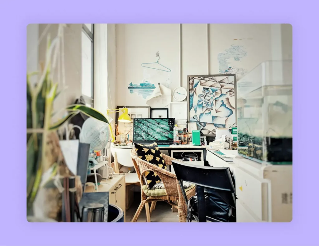 Elegant home creative studio displaying personal collections. 