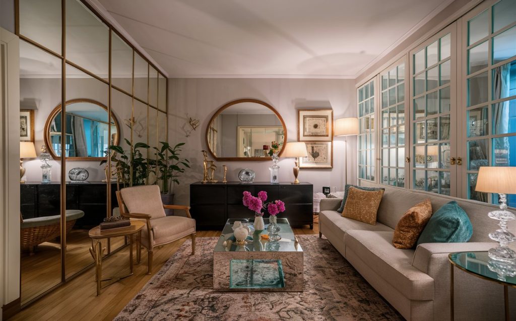 A bright living room furnished with a sofa, armchair, coffee table, and wall mirrors.