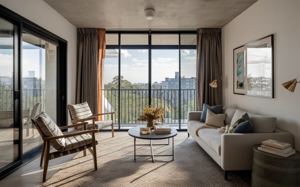 Large sliding glass doors open to a balcony, bringing the outdoors in