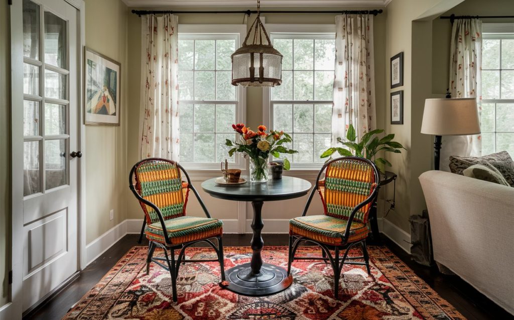 A living room furnished with a table and chairs.