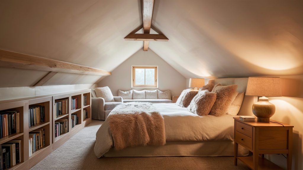 A furnished bedroom with a bed and a seating area.