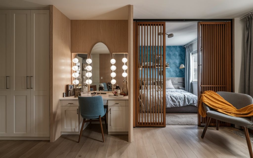 Modern bedroom with sliding glass doors