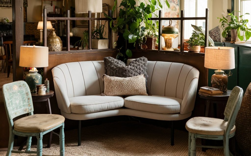 A comfortable living room with a couch, chairs, and lamps.