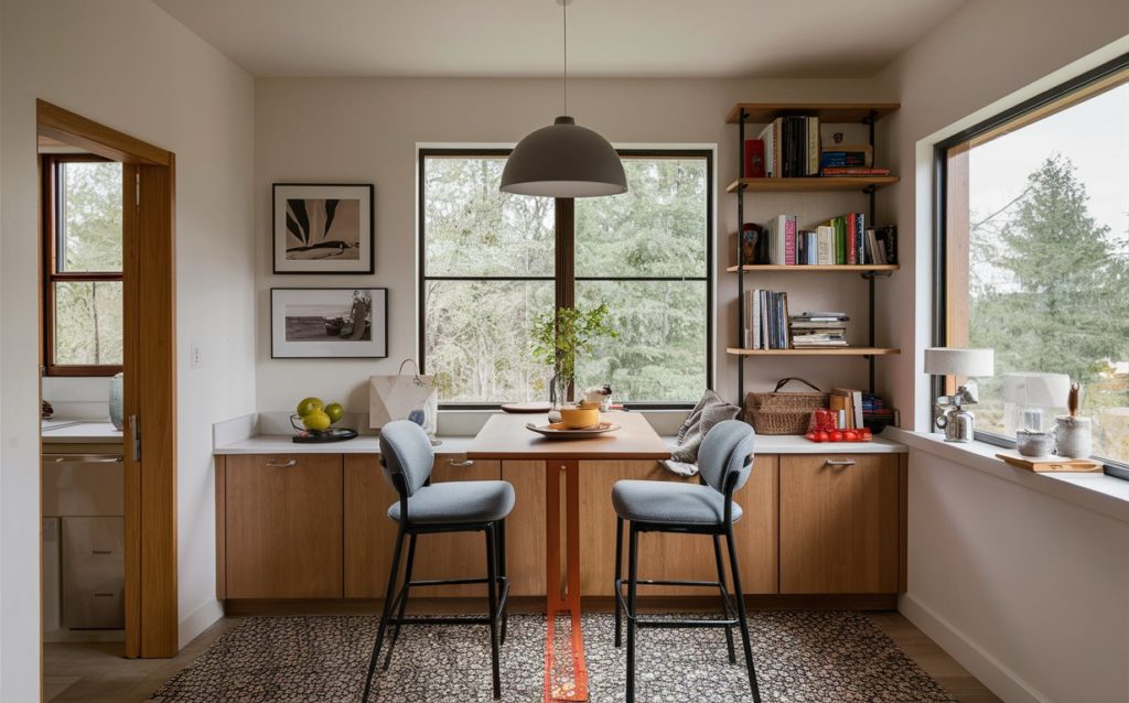 A modern kitchen dining area with a white table and four chairs.