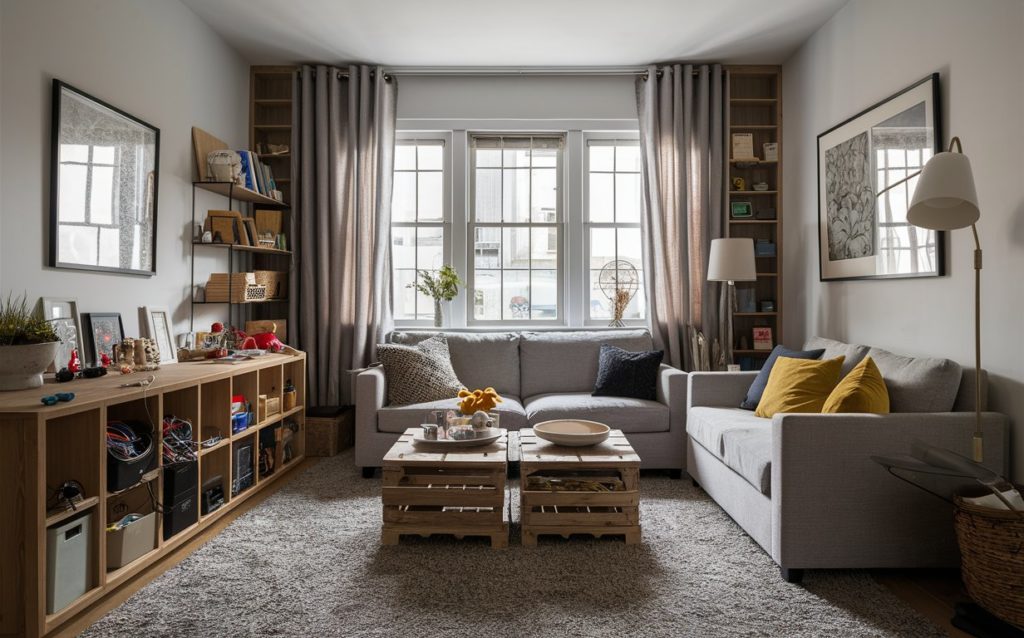 bright living room featuring a couch with a throw blanket, a unique coffee table made from crates, and decorative shelves.