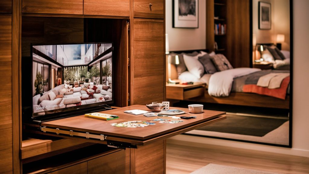 A television set inside a media cabinet