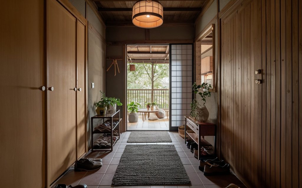 A long hallway with a glass door leading to a balcony.