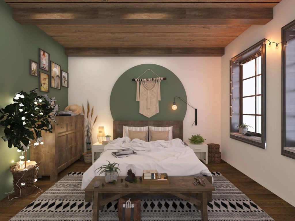 Boho-chic bedroom interior