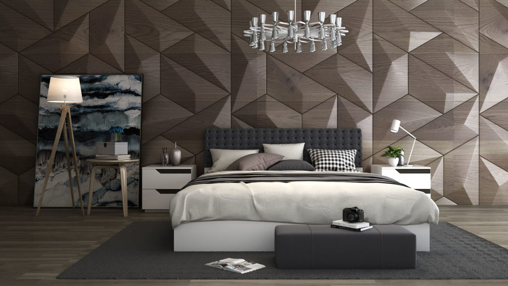 Bedroom with chandelier, bed, and nightstands