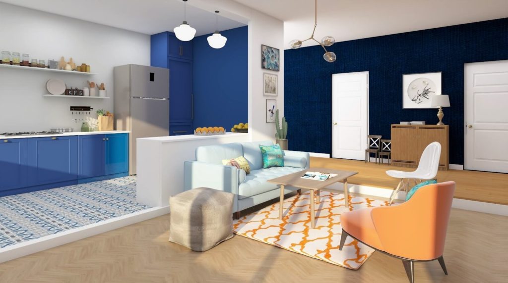 Furnished living room in open concept with kitchen