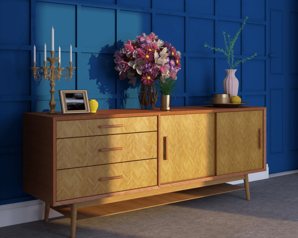 Wooden dresser with flowers and candles