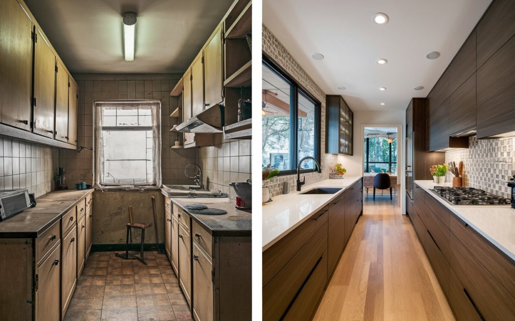 Before after transformative picture of kitchen