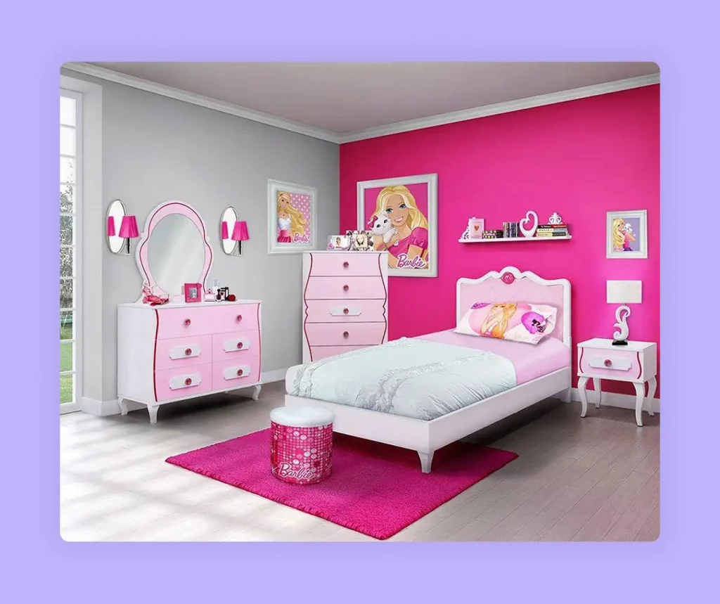 A child's bedroom with bright pink walls and Barbie-themed decor 