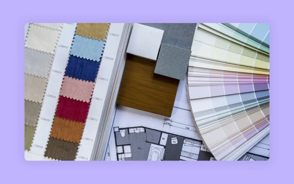 A design plan featuring color swatches, fabric samples, and architectural drawings 
