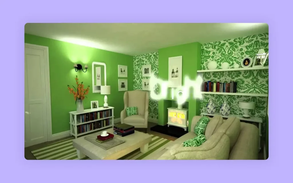 A living room with green walls and patterned wallpaper for a harmonious interior design. 