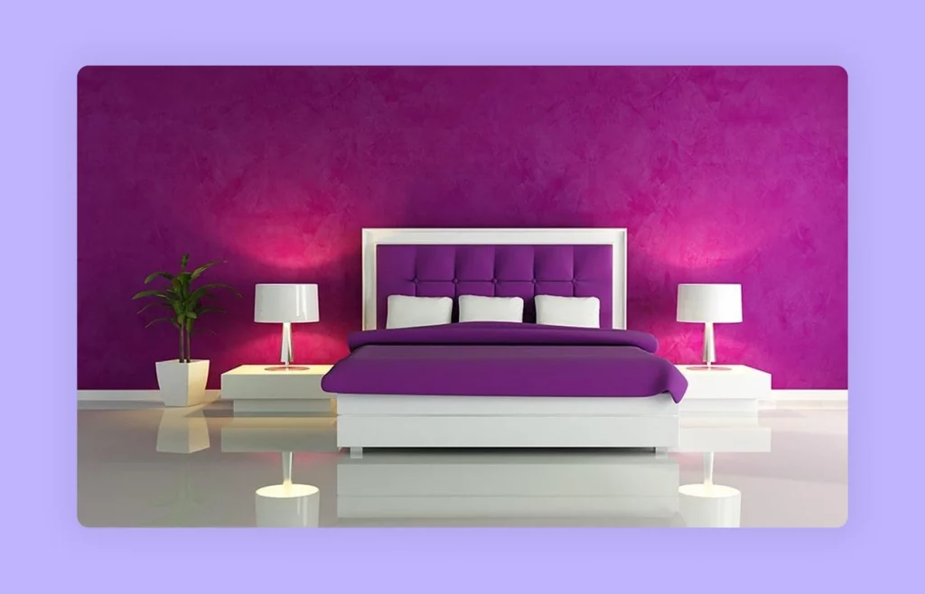 A modern bedroom with a dramatic purple accent wall, reflecting creativity and luxury 