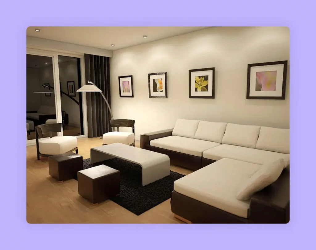 A modern living room with a brown and white color scheme, creating a warm and secure atmosphere 