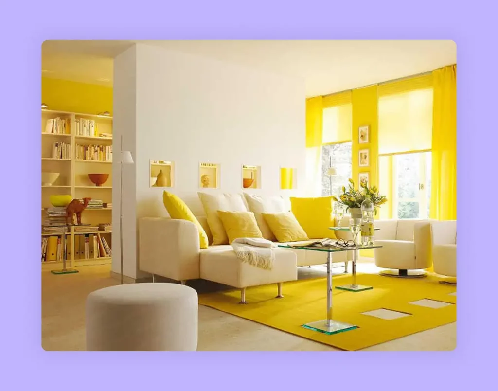A sunny living room featuring bright yellow curtains and cushions. 