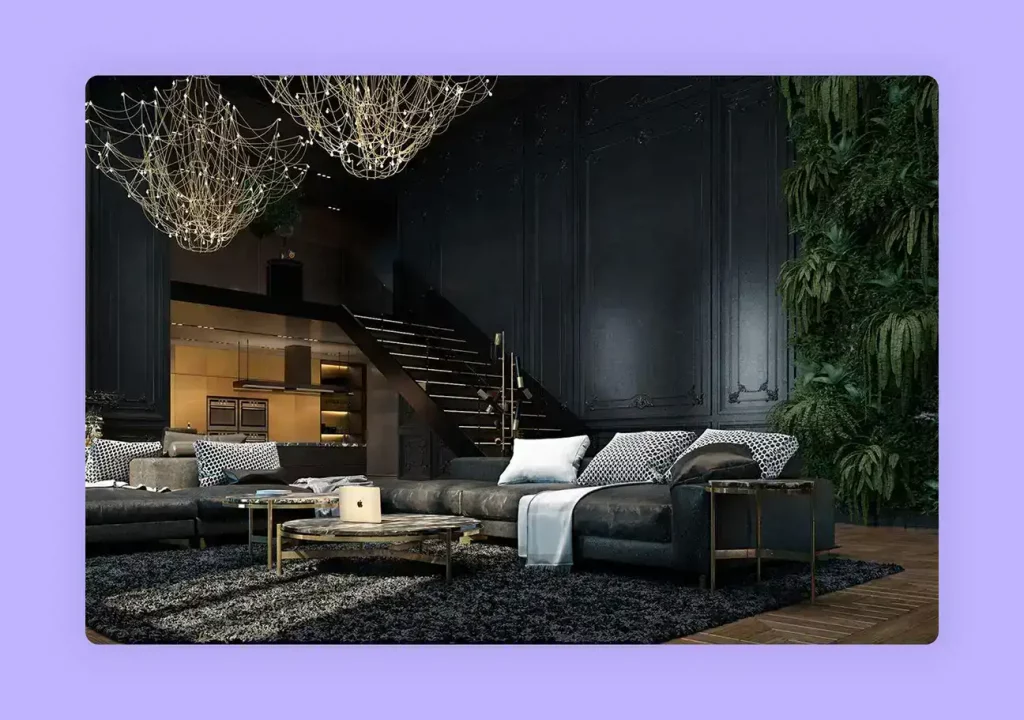 An elegant and sophisticated living room with black walls