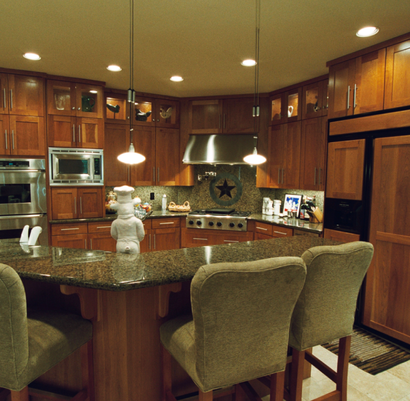 black cabinets with wooden kitchen island