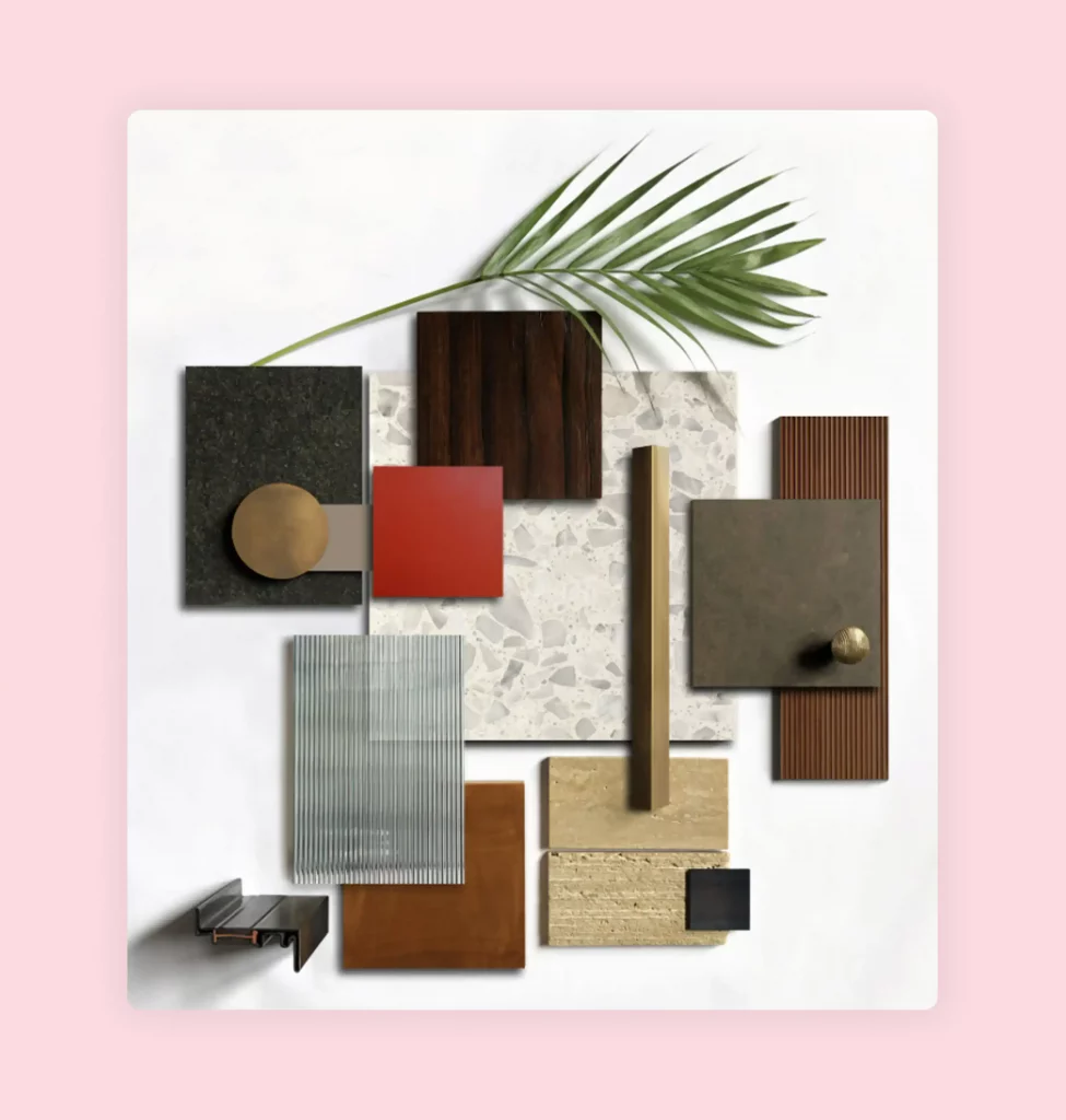 Interior design materials and finishes like terrazzo and wood.