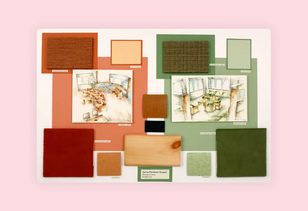 Interior design materials and finishes with project drawings.