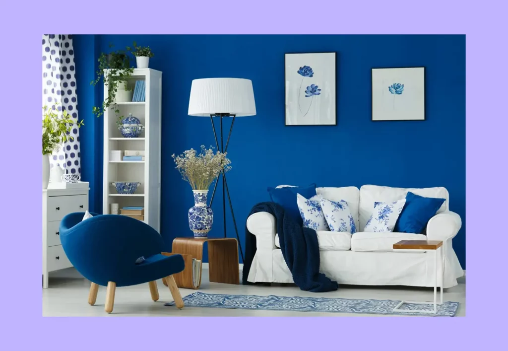 A living room design with a suitable color proportion of white and blue