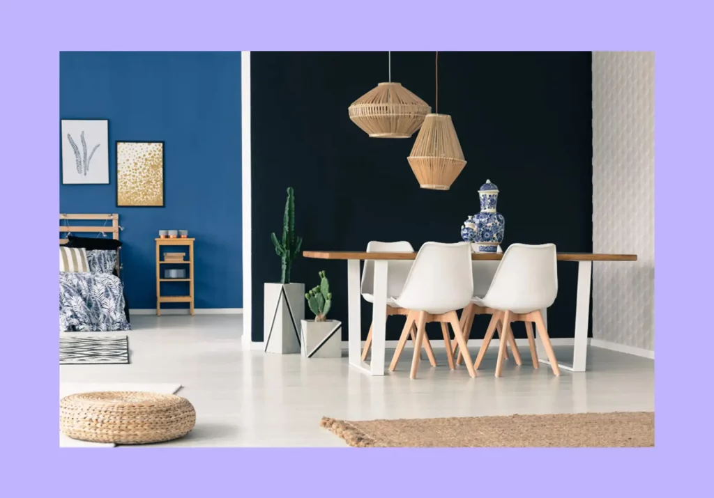 A modern room using bold contrast to highlight its scale and proportion. 