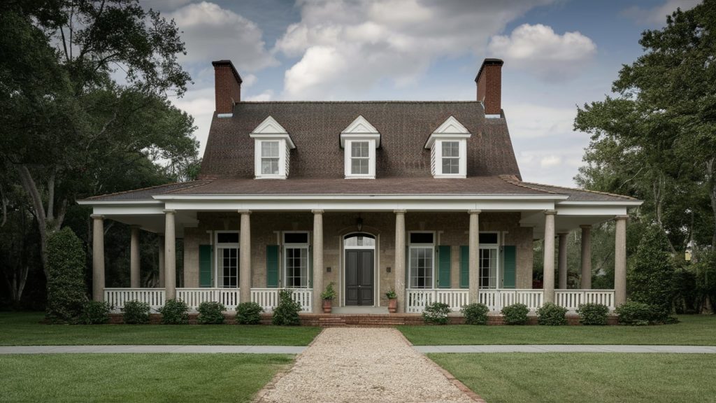 An Acadian-style house in the southern United States. The house has a porch, driveway, and is made of stone.