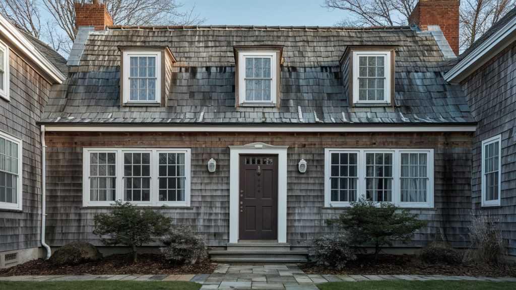 Gray Cape Cod style house with a brown door and windows.