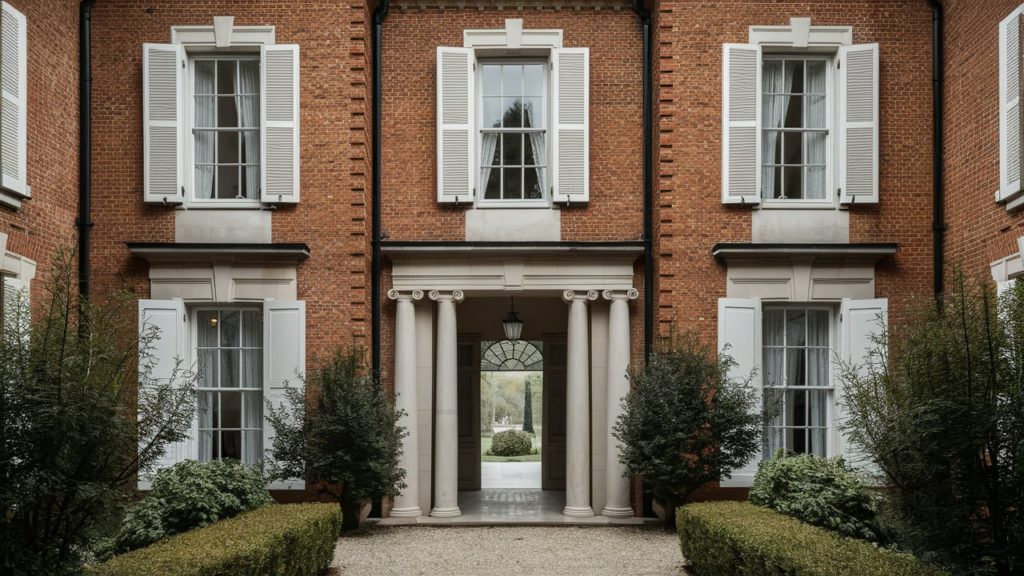 A classical style brick house with white shutters on the windows.