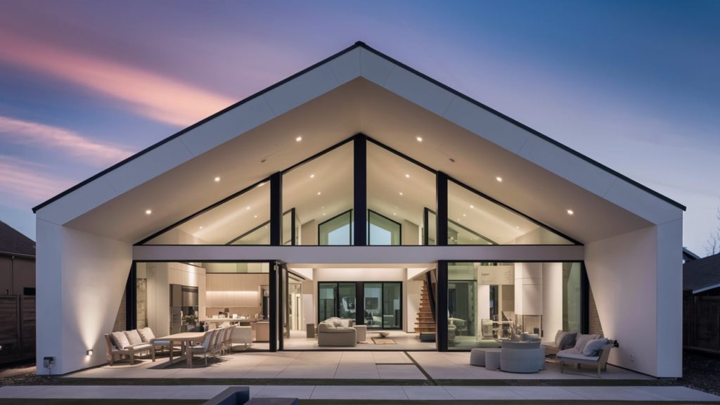 A white contemporary house with a vaulted roof and large windows.