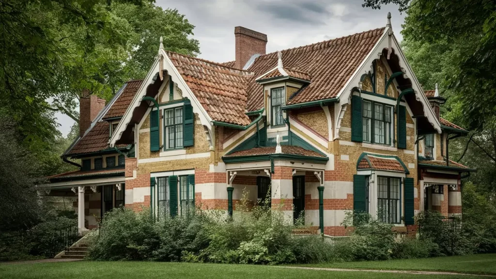 Large Dutch colonial revival style house with a tiled roof, surrounded by trees.