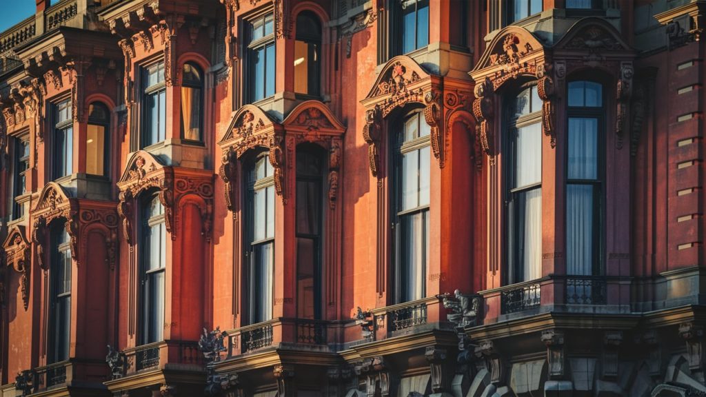 A red brick side of a building with tall, narrow windows with stone lintels