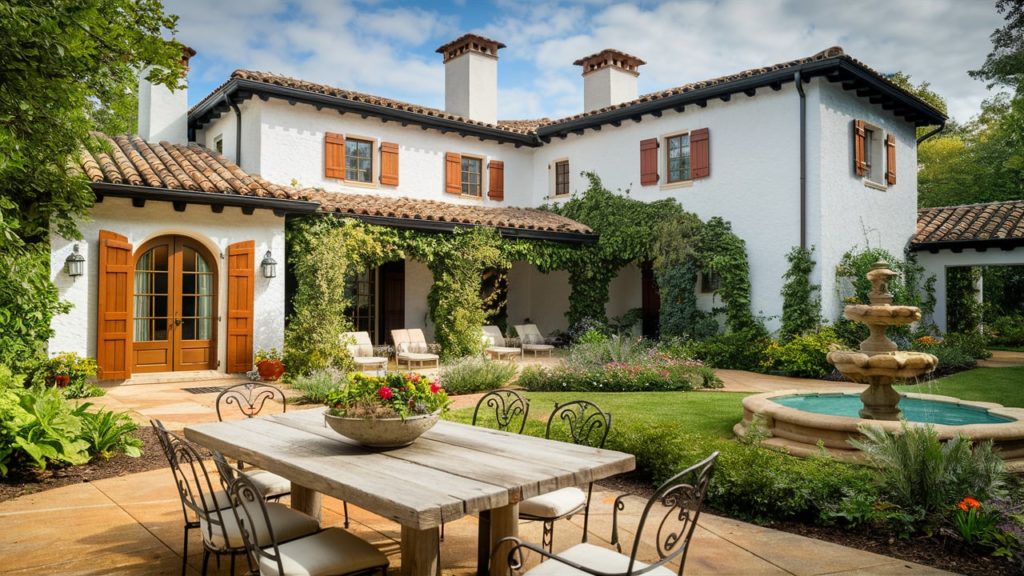 A white stucco house in the Mediterranean style with a red tile roof, wrought iron table and chairs on the patio, and a fountain in the foreground.