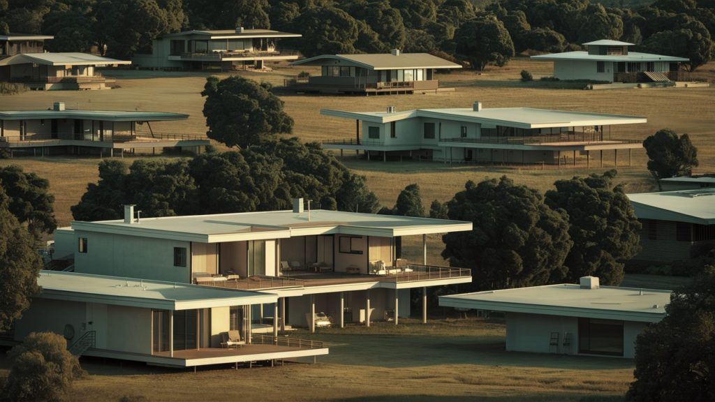 A single-story mid-century modern house with a flat roof and large windows in a field of grass