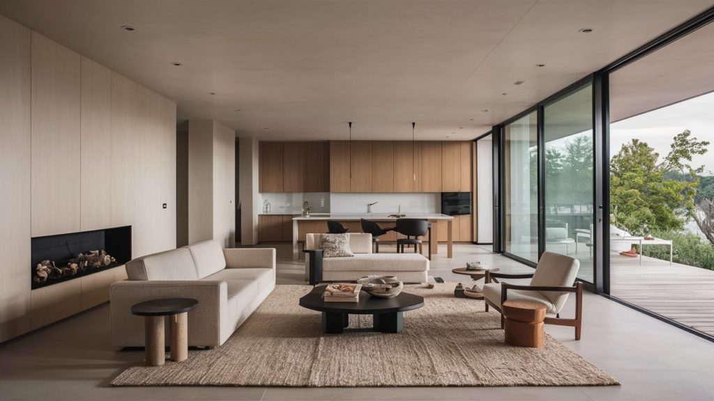 A minimalist living room with a couch, coffee table, and chairs.