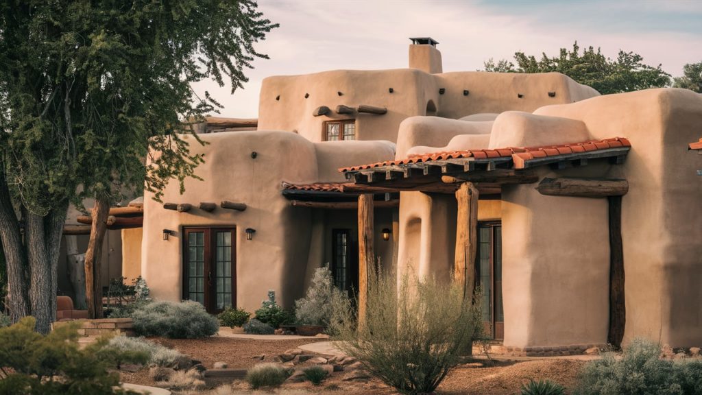 An adobe house with a red tile roof, characteristic of Pueblo revival architecture.