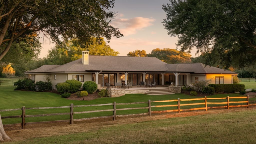 Ranch-style house with a wooden fence and a large lawn in front.