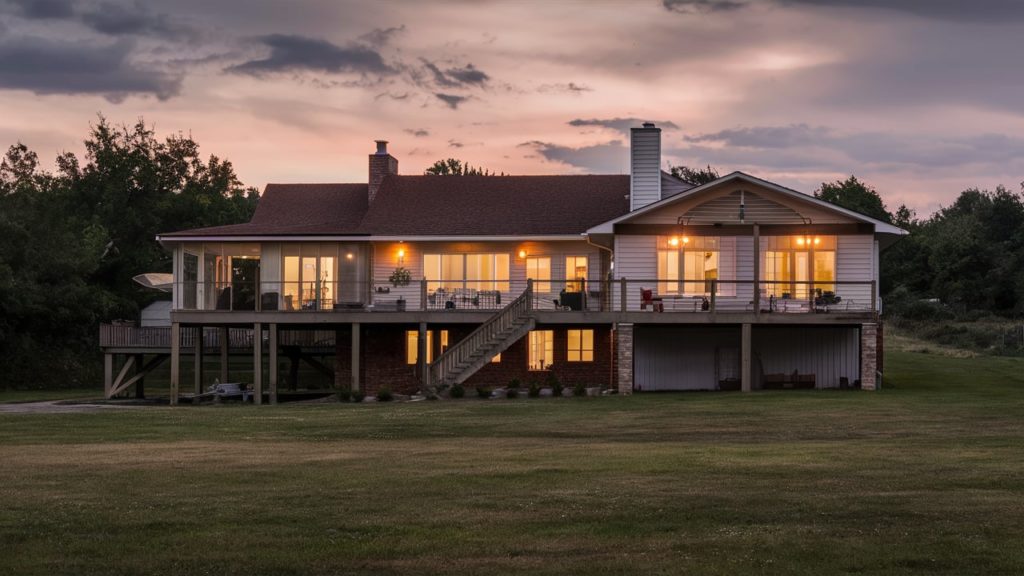 A split-level house with a large deck bathed in warm sunset light.