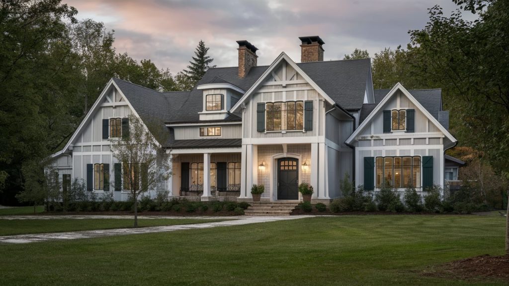 Large white Swedish country style house with dark shutters and a red door. The house has a lot of windows and is surrounded by trees.