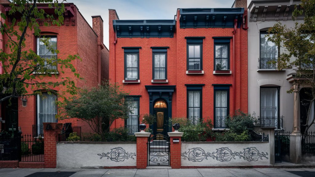 Red brick townhouse with black door and wrought iron gate