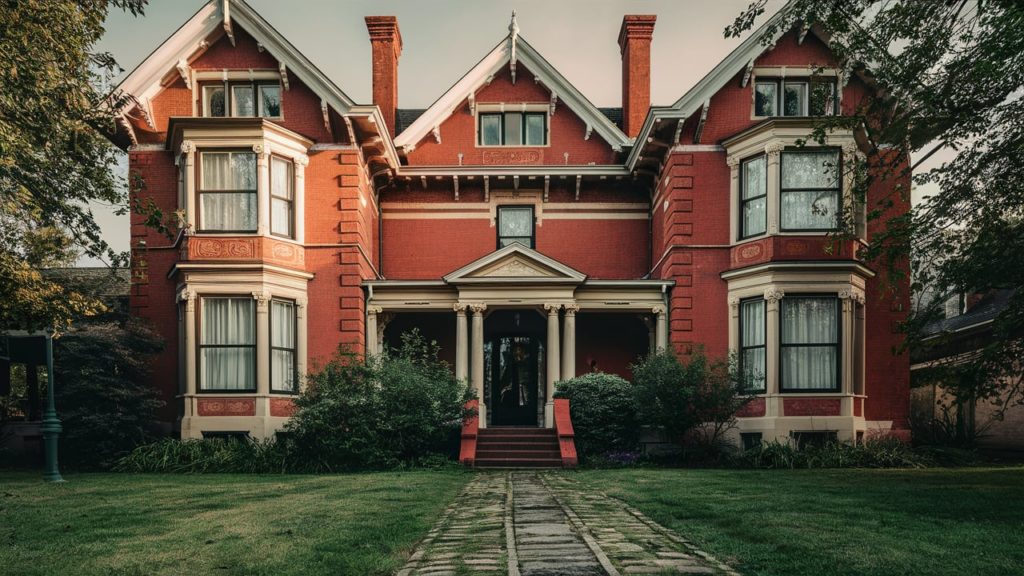 Red brick Victorian house with a lush green lawn.