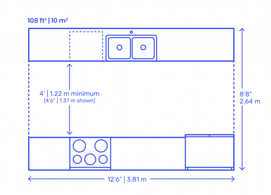 two-row galley kitchen floor plan with dimensions