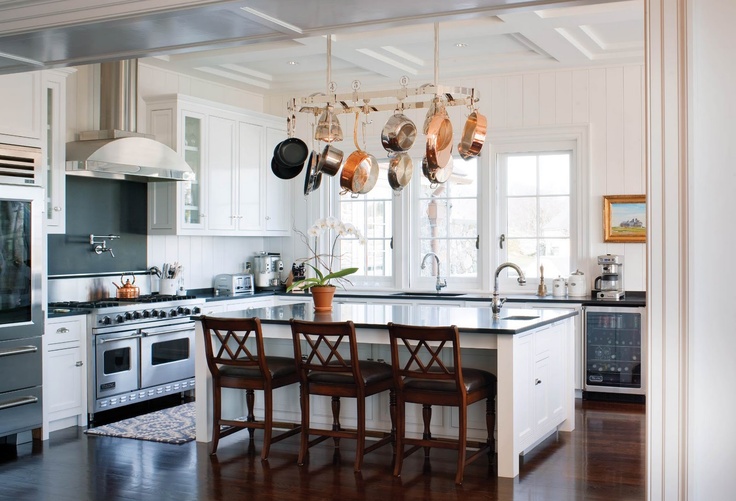 small kitchen design - hang pots and pans from ceiling