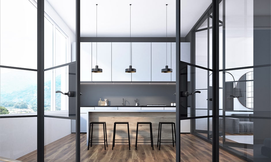 small kitchen design with glass door