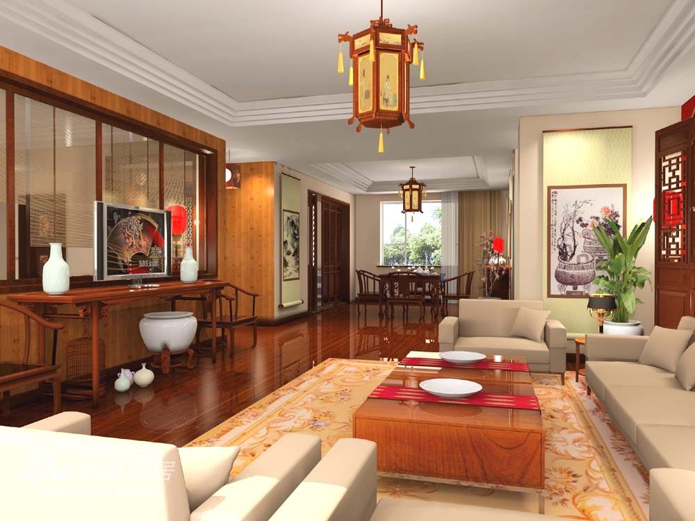A modern Asian-inspired living room with a neutral color palette.